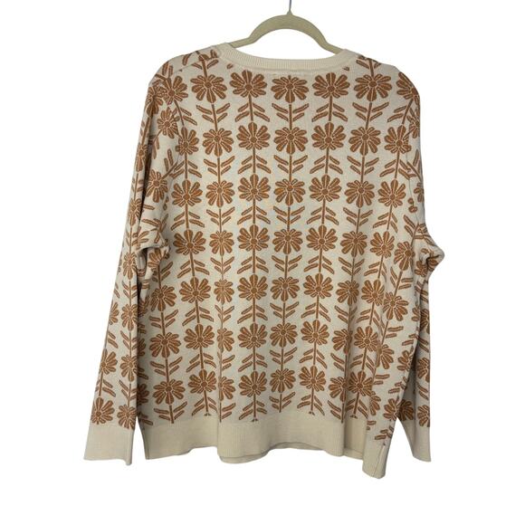 Adrianna Papell Daisy Floral Sweater 2X Tan Cream Retro Mod Knit Pullover - Picture 2 of 6